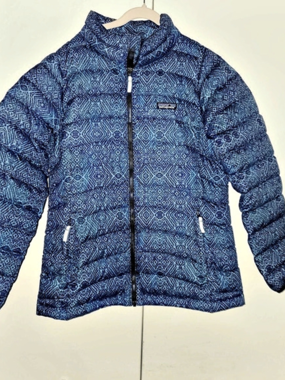Patagonia Kids XL 14 Down Sweater Puffer Jacket Blue Mosaic Print